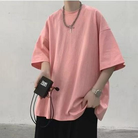Camiseta de Manga Corta para Hombre de Moda de Color Sólido Estilo Hong Kong Holgada de Verano