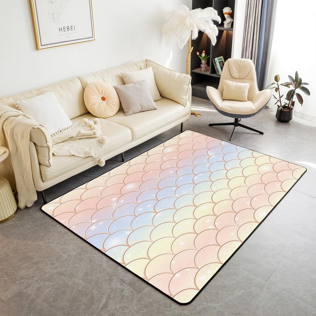 Koberec s potiskem mořských šupin Barevný Zábavný Potisk rybích šupin Koberec do obývacího pokoje Oceánský motiv Vnitřní podlahová rohožka Třpytivá Dekorativní rohožka
