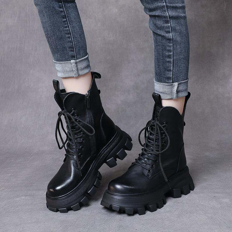 Women Genuine Leather Short Boots Round Toe Motorcycle Boots Handmade Retro Street Style Winter Warm Fur Women Flats Ankle Boots