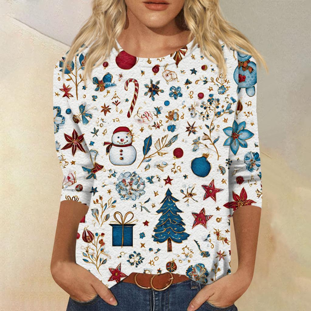 Women's Fashion Casual Round Neck Three-quarter Sleeve Christmas Print T-shirt Top