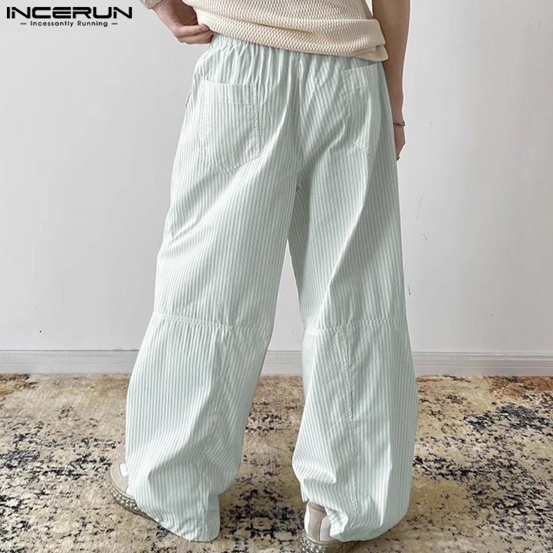INCERUN Men Striped Print Pants Casual Elastic Waist Long Trousers