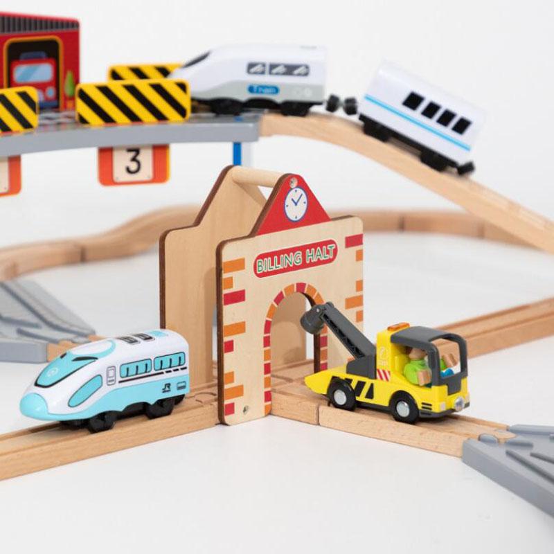 Wooden Train Station & Car Garage Toy Beech Wood Railway Bridge Compatible with All Major Track Brands