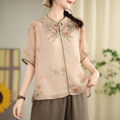 Bluze casual de vară pentru femei, cămăși, sosire, stil chinezesc, broderie florală vintage, topuri cu mânecă scurtă pentru femei.