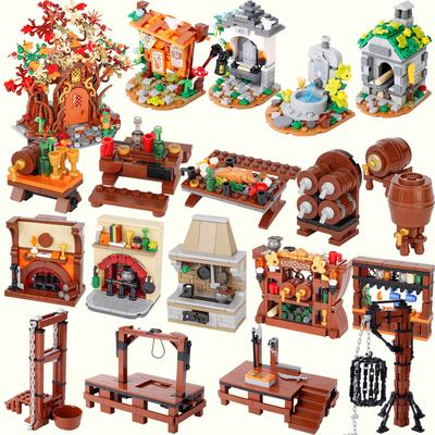 MOC Cena de Cidade Medieval Blocos de Construção Quadro de Avisos Taberna Lareira Fogueira O Tribunal Vista da Rua Brinquedo de Tijolos