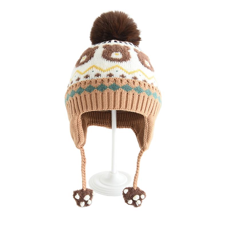 Children's Winter Thick Double-layer Ear Protection Knitted Hat, Outdoor Warm Wool Ball Needle and Thread Hat, Plush Teddy Bear Ear Protection Hat