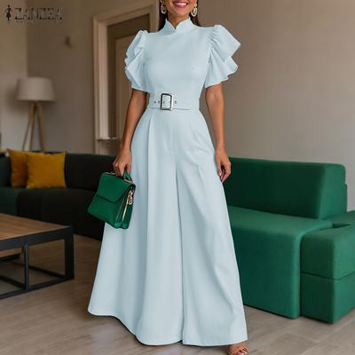 Macacões Longos Femininos Casuais de Gola Alta e Manga Curta com Pernas Largas