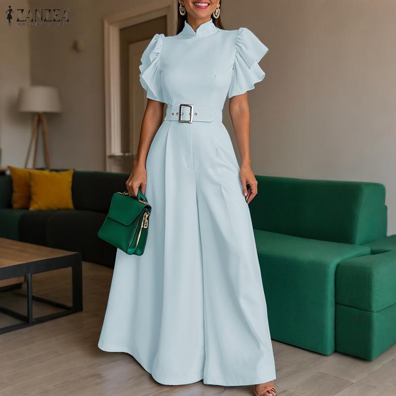 ZANZEA Womens Casual Stand Collar Short Sleeve Wide Leg Long Jumpsuits