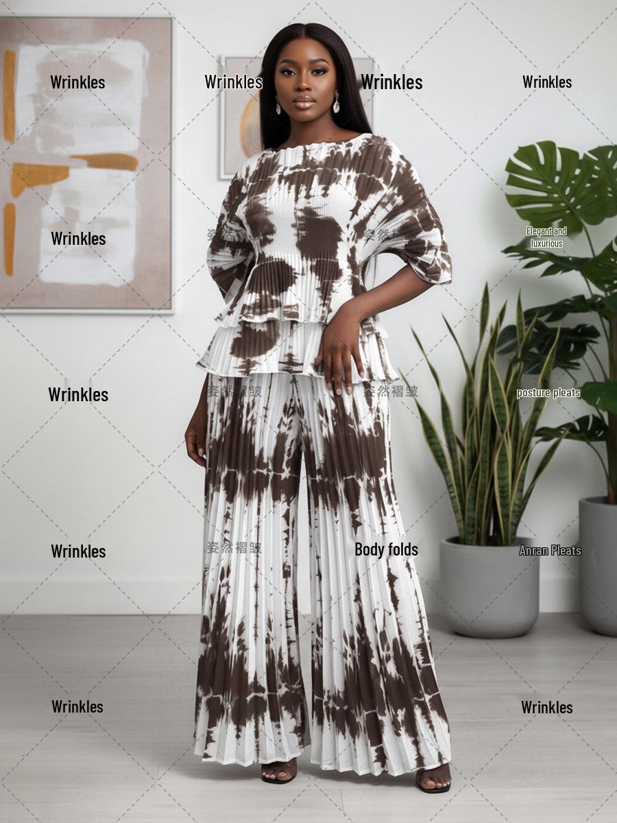 Miyake Pleated Plus Size Women s Printed Casual Pantsuit One Size кофейный