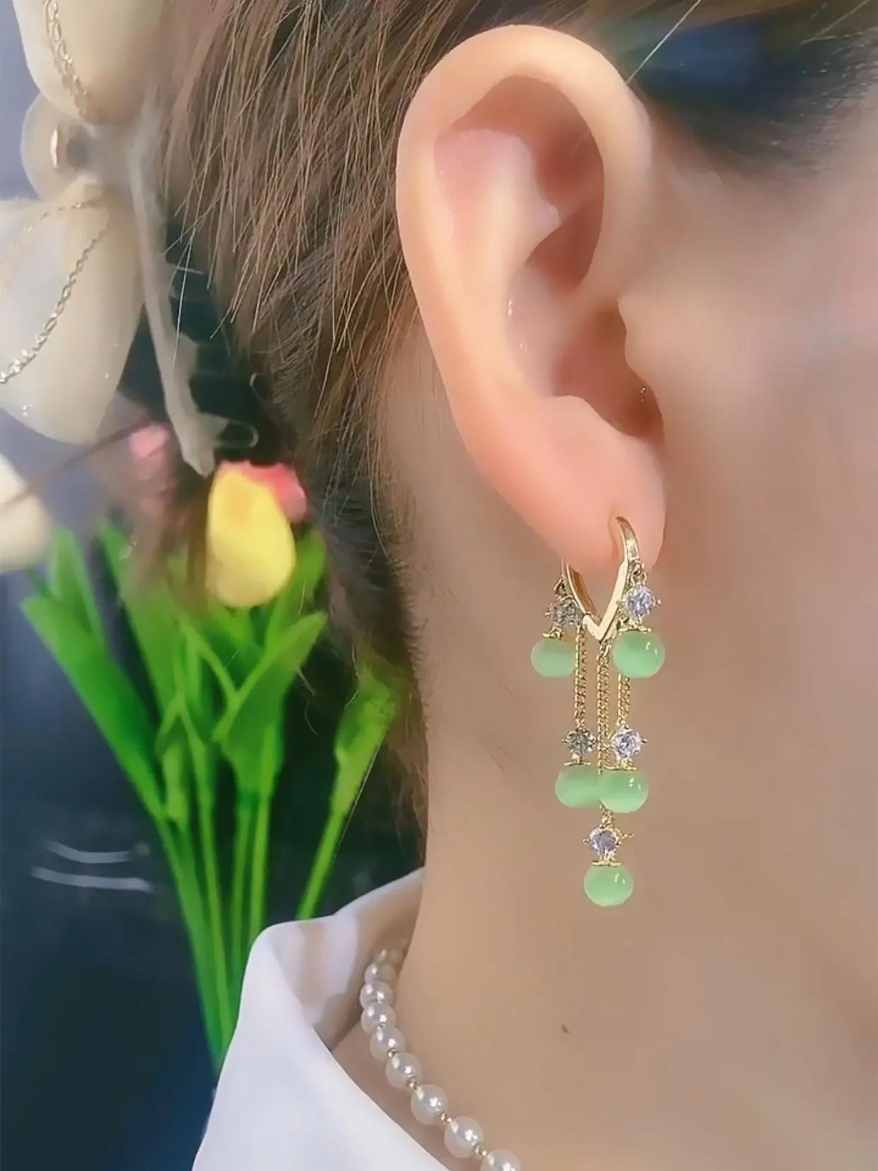 

Luxury Green Emerald Opal Long Tassel Drop Dangle Earrings for Women Charm Crystal Hoop Earring Wedding Bride Zircon Accessory