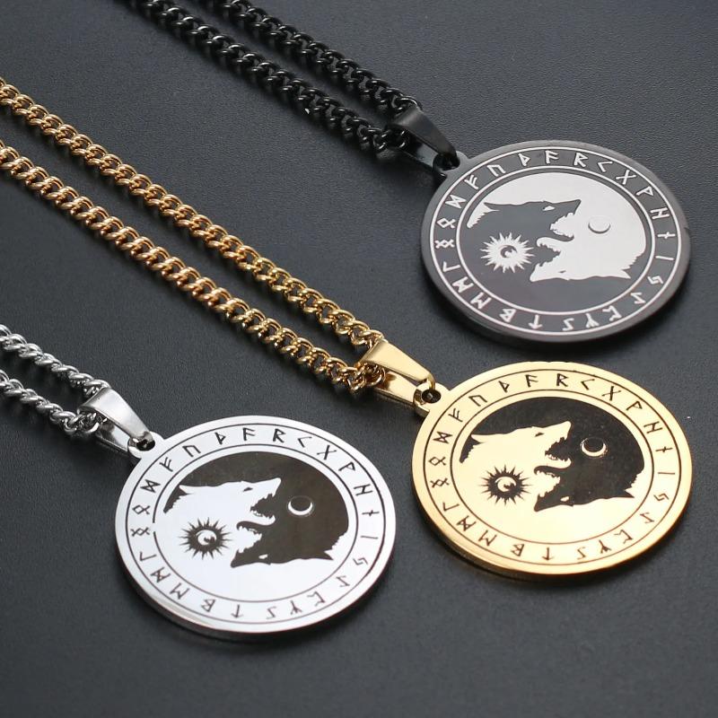 Stainless Steel Yin Yang Wolf Sun Moon Pendant Norse Viking Necklace Nordic Talisman Amulet