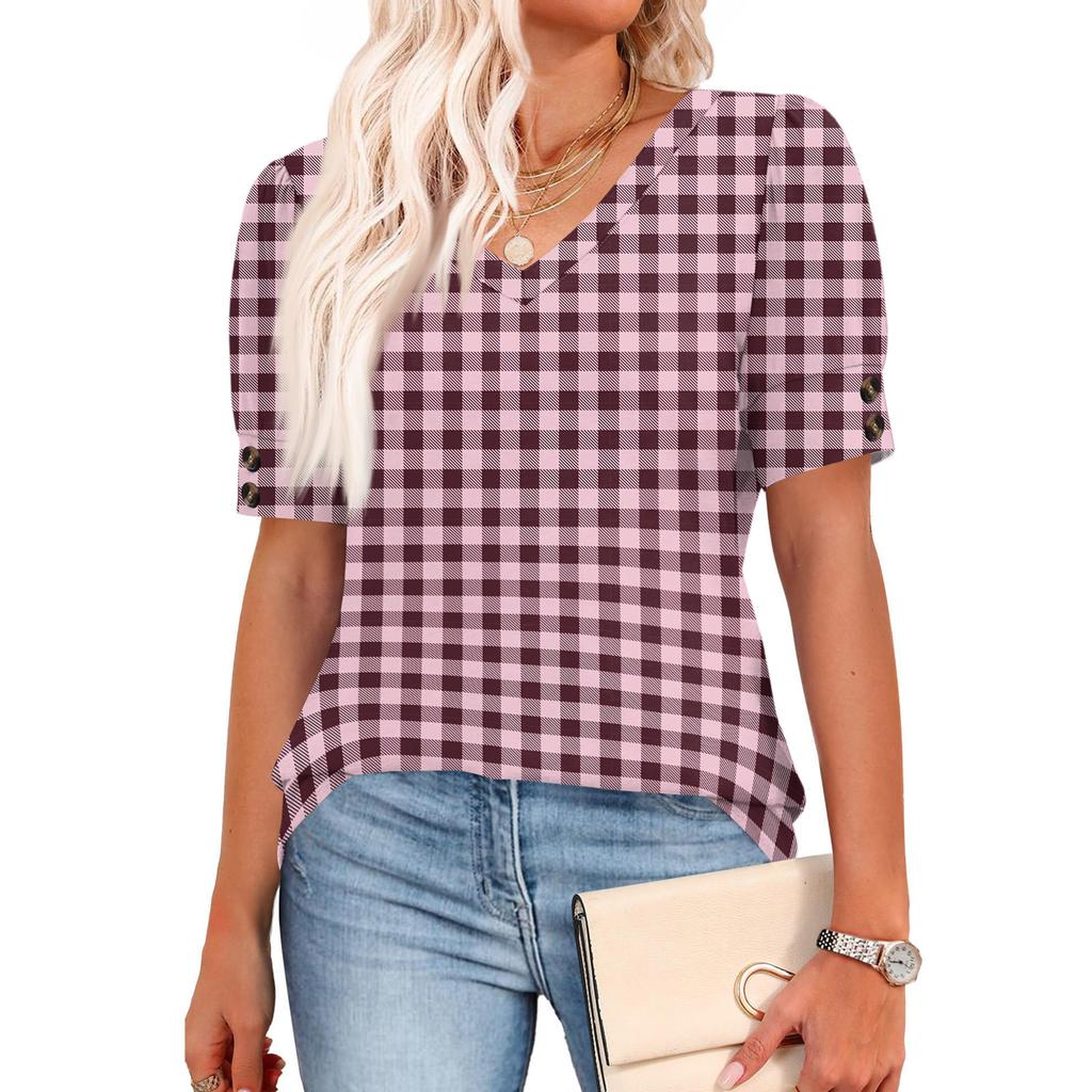Womens Tops Short Sleeve Shirts Buttons V Neck  Fashion Outfits  Blouses  Casual