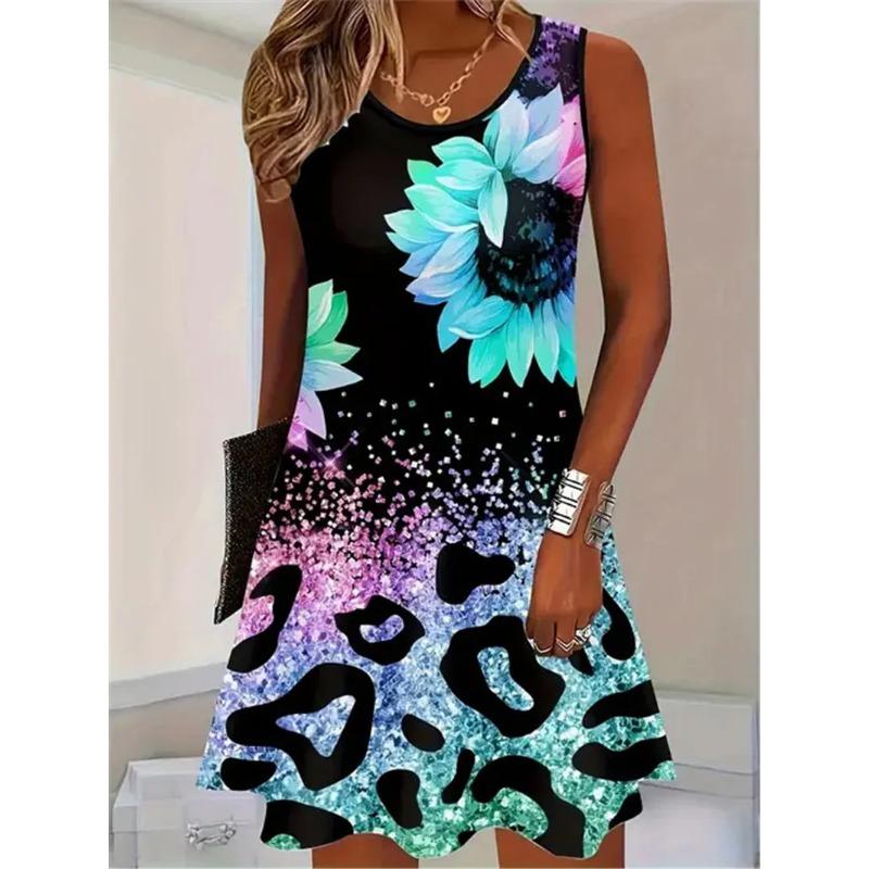 Ladies Fashion Summer Crew Neck Beach Vacation Casual Loose Sleeveless Dress Flower Print S