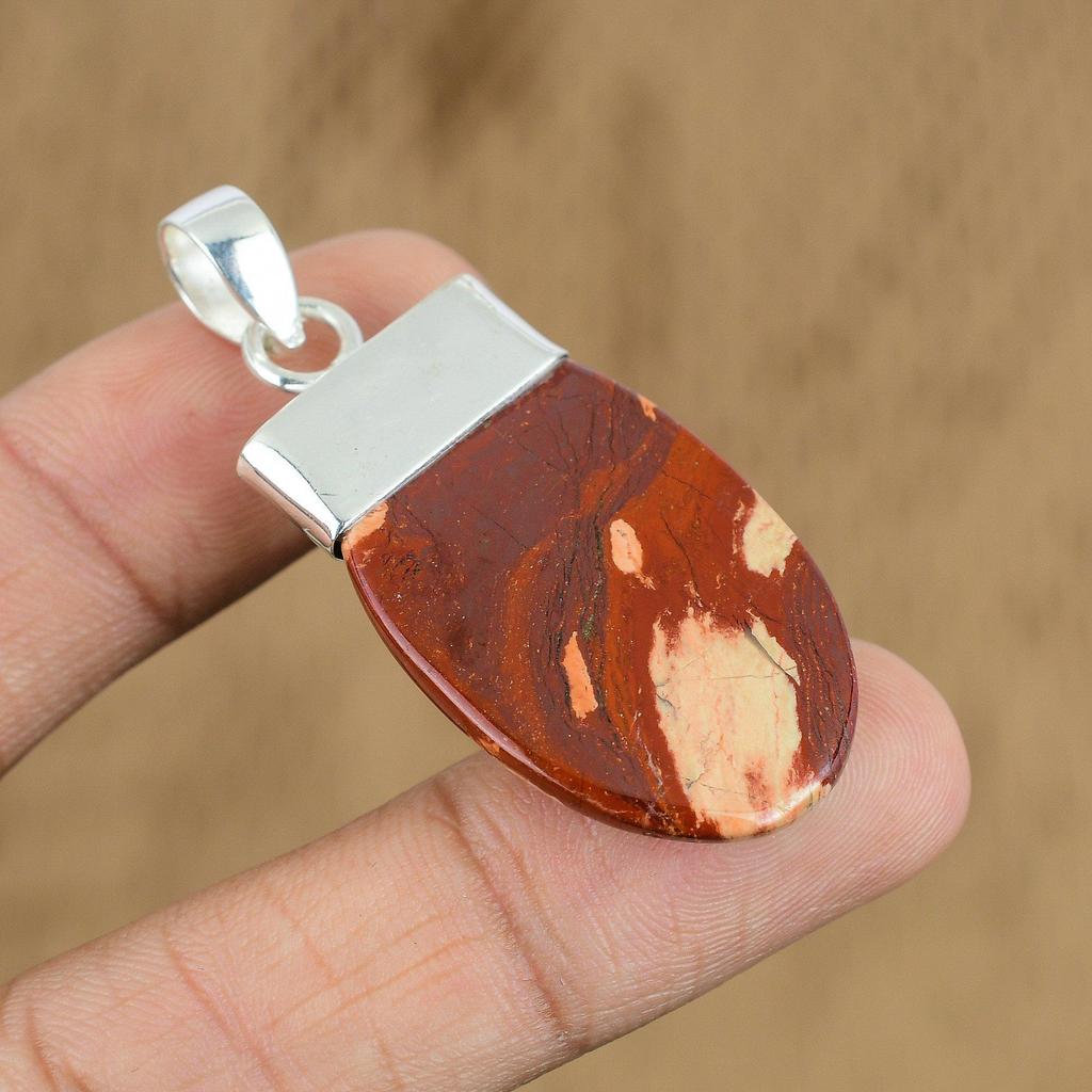 Gift For Her 925 Sterling Silver Natural Red Snakeskin Jasper Gemstone Pendant