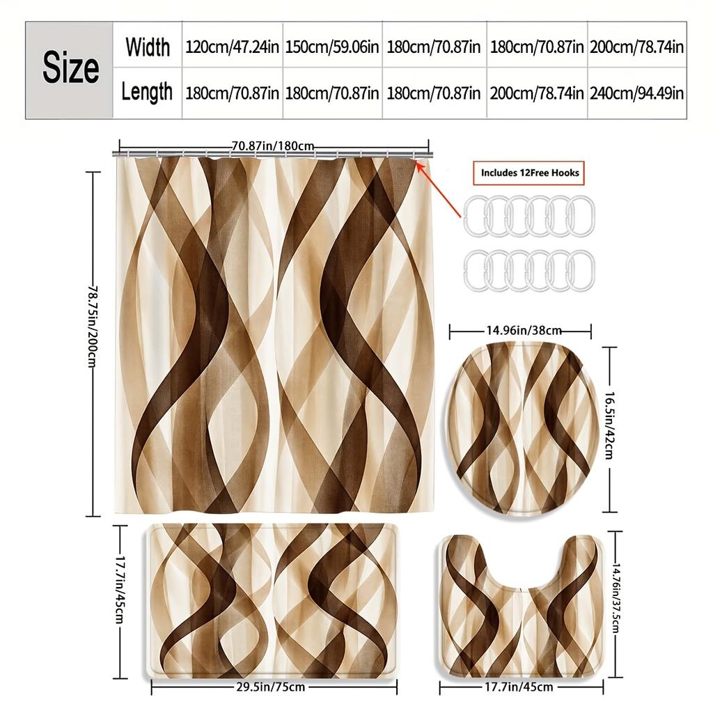 4Pcs Modern Geometric Shower Curtain Set with Non-Slip Bath Mat, Toilet Lid Cover, Contour Rug & 12 Hooks, Bathroom Decor
