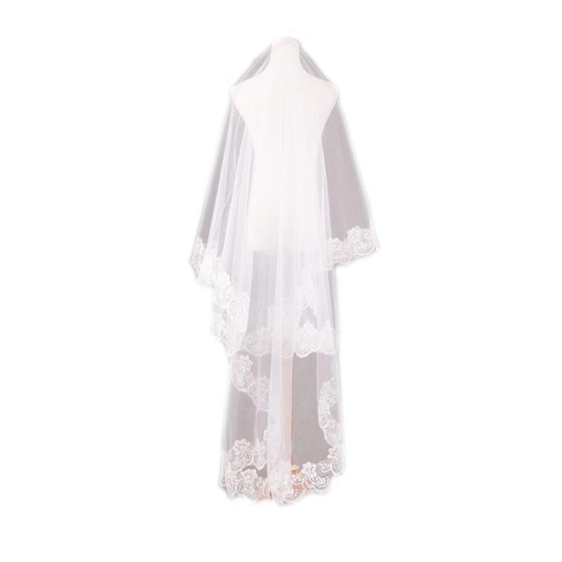 Womens Short Fingertip Length 1 Tier Lace Edge Wedding Bridal Veil Bride Tulle Hair Accessories Without Metal Comb