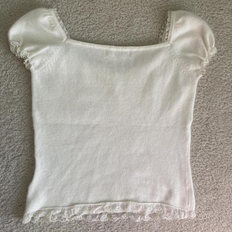 Lace Frill Crop Top Cream Color Vintage Square Collar Puff Sleeve T-shirt Y2K Aesthetic Grunge Women Sweet Tees