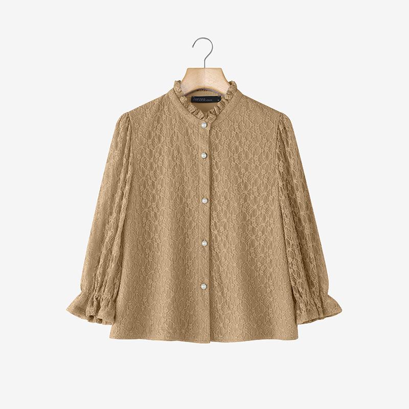 ZANZEA Women Casual Stand Collar 3/4 Sleeve Patchwork Lace Blouse