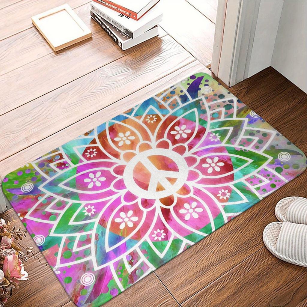 Peace & Love Hippie Festival Peace Sign Flower Non-Slip Bathroom Rug, Polyester Bedroom Mat, Welcome Doormat Floor Decor