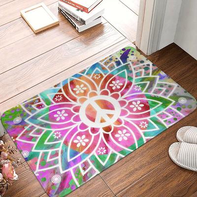 Frieden & Liebe Hippie Festival Friedenszeichen Blume Rutschfeste Badezimmermatte, Polyester Schlafzimmerteppich, Willkommens-Fußmatte Boden Dekoration