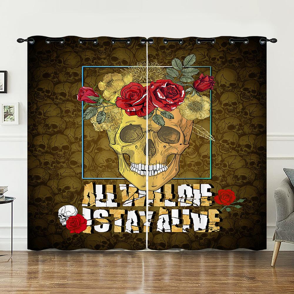 Curtains Skull Black Sunshade Bedroom Living Room Digital Printing Curtains Blackout Free Punching