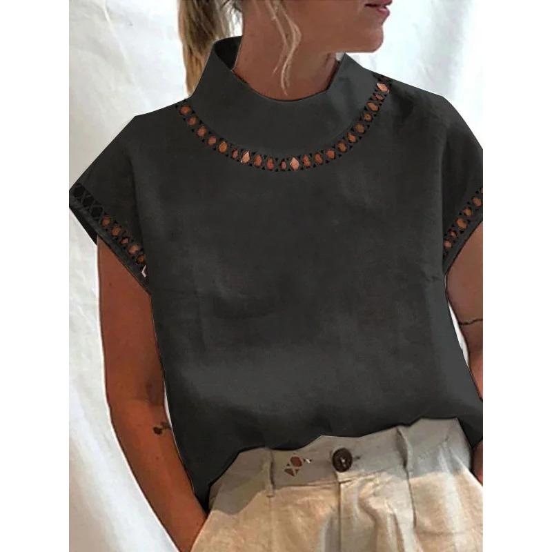 

YYFS Женская мода Повседневная Лето Весна Ромбовидный Принт Короткий Рукав Полуводолазка Блузки и Рубашки S чёрный