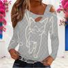 Women Plus Size Asymmetric Cutout Neck Cold Shoulder Long Sleeve Black White Printed Fitted Top