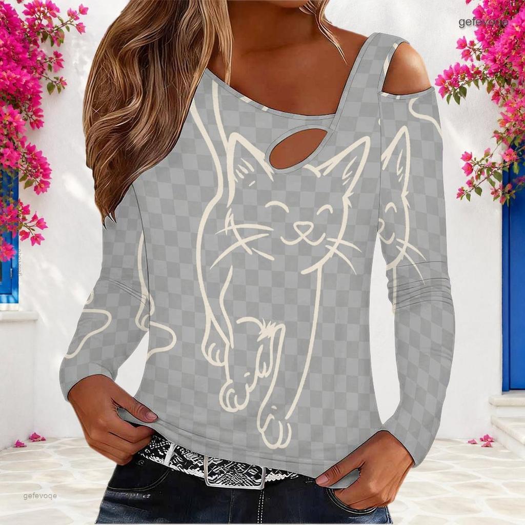 Women Plus Size Asymmetric Cutout Neck Cold Shoulder Long Sleeve Black White Printed Fitted Top