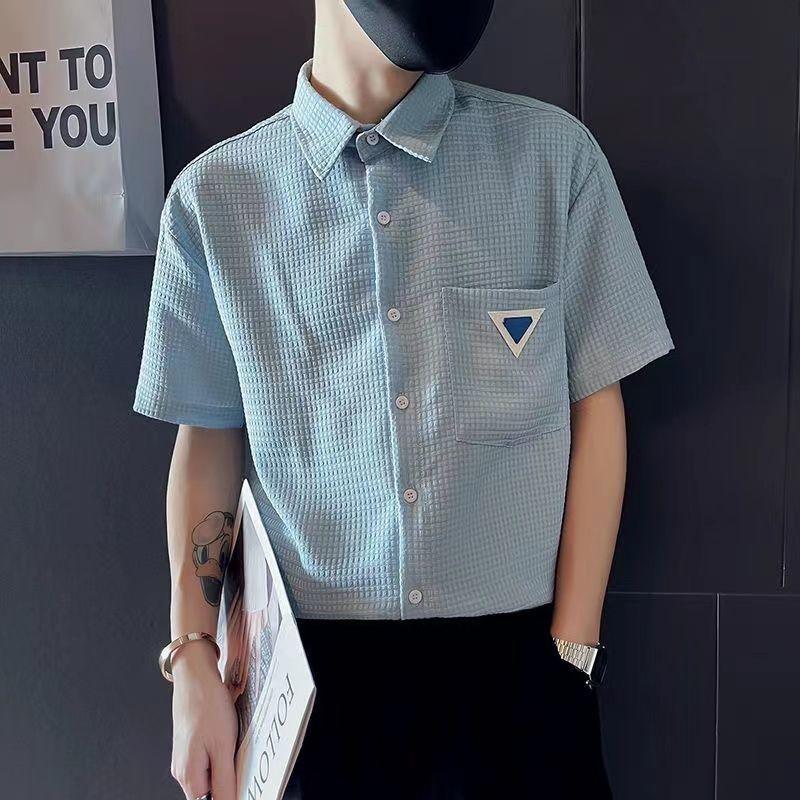 Men's Clothing Solid Color Shirts Stylish Textured Waffle Summer Casual Pockets Spliced All-match Lapel Single-breasted Shirts