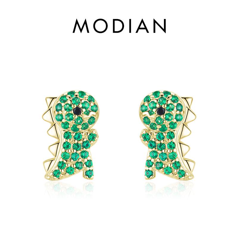 

Modian стерлингового серебра 925 пробы зеленый CZ милые серьги-гвоздики с динозаврами для девочек женские изысканные ювелирные изделия с животными подарок золотой