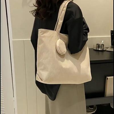 Sac cabas en velours côtelé pour femme, fermeture éclair, style vintage, pliable, bandoulière rétro avec porte-monnaie, grande capacité, polyvalent.