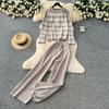 Autumn Winter Women Casual Striped Knitted Sweater Trouser Two Piece Set Full Sleeve Pullover Tops and Wide Leg Pant Tracksuit