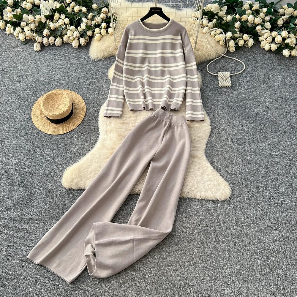 Autumn Winter Women Casual Striped Knitted Sweater Trouser Two Piece Set Full Sleeve Pullover Tops and Wide Leg Pant Tracksuit