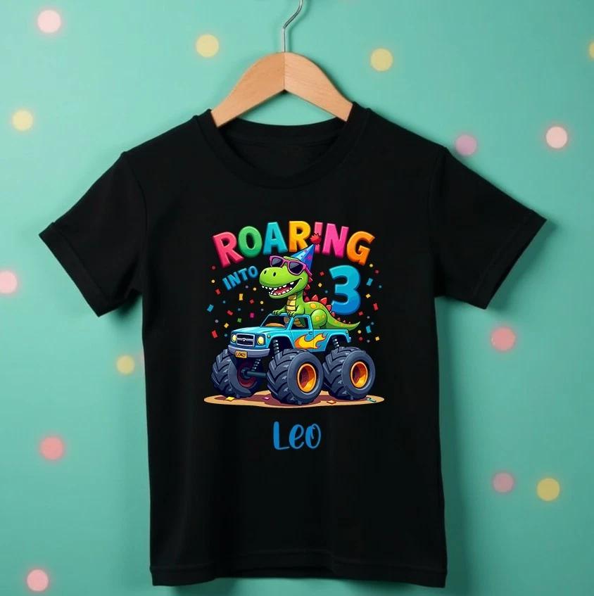 3rd Birthday T-Shirt, Dinosaur Tshirt, Boys Party Shirt, Monster Truck - 1344 120