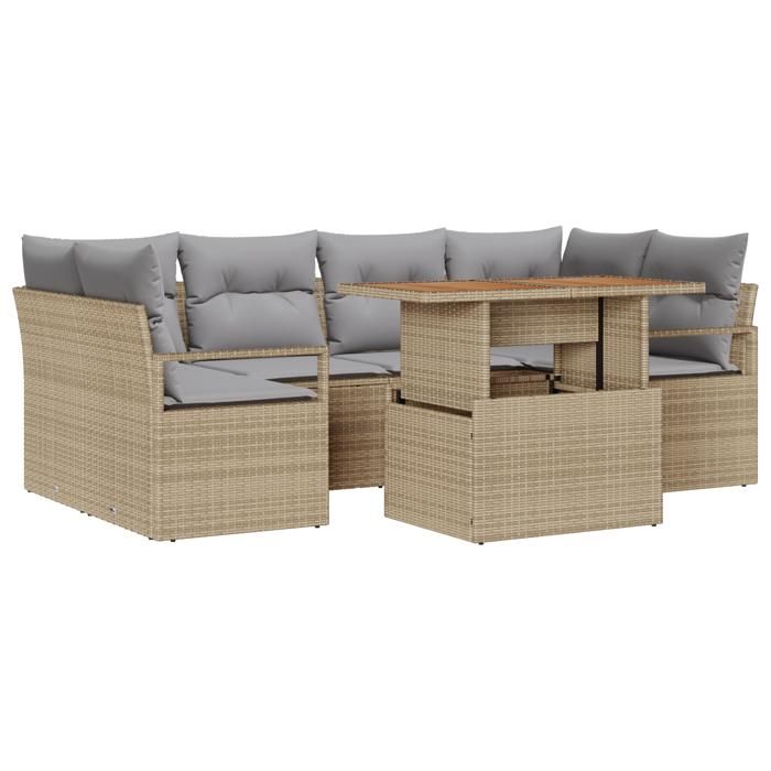 Canapé de jardin 7 pièces vidaXL avec coussins rotin poly beige acacia, Canapé jardin 2 places vidaXL avec coussins rotin 3349664
