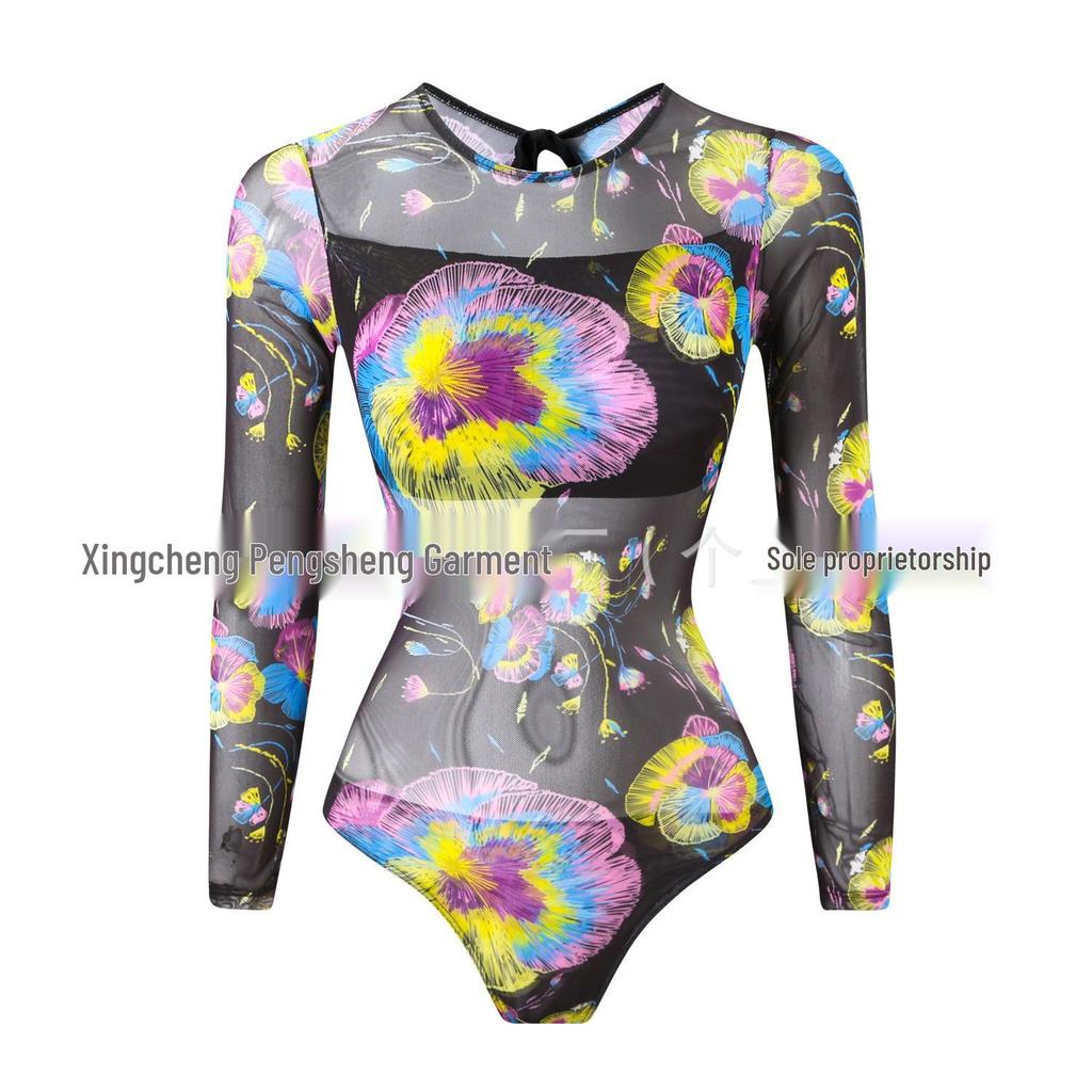 Women's Long Sleeve Mesh Sun Protection One-Piece Swimsuit with Skirt