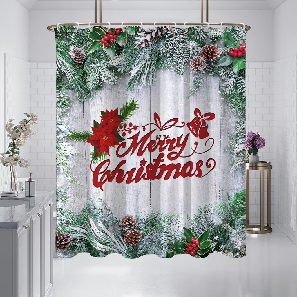 1PC Christmas themed pattern shower curtain, pine needle flower pattern,waterproof, with 12 hooks, for bathroom shower, home u