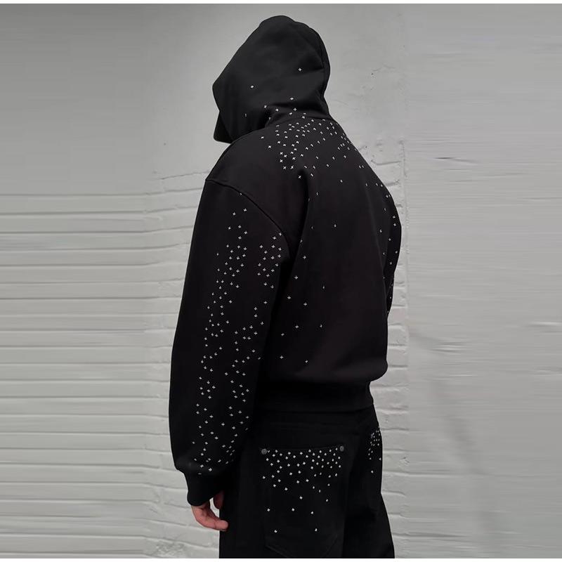 BeatStreet Chic Unisex Starry Sky Rhinestone Hoodie Women Modern Padded Shoulder Zipper Long Sleeve Jacket Street Casual Lady Sweatshirt