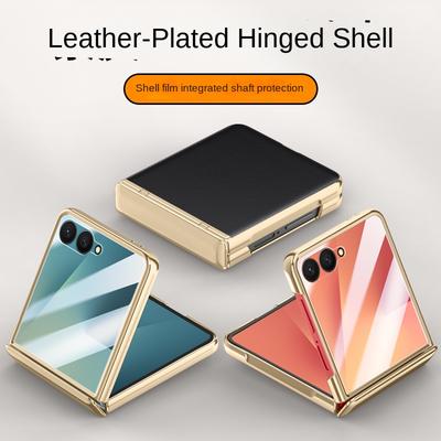 For Samsung Galaxy Z Filp 7 Plain Leather Electroplating Hinge HD Tempered Glass Film Drop and Slip Anti Slip Phone Case
