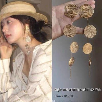 Retro Gold Tassel Earrings: High-End Silver Needle Round Disc Dangles for Women