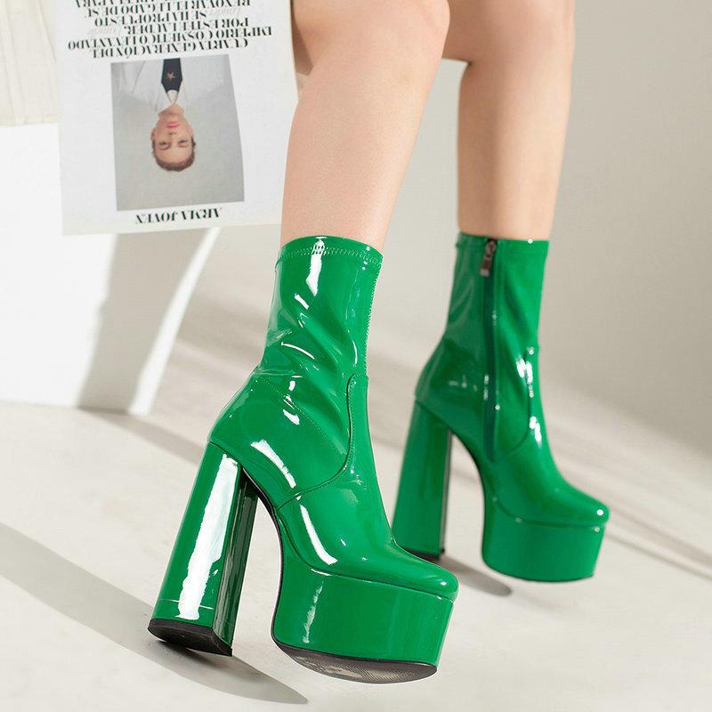 Patent leather women's short boots autumn and winter short boots women's thick high heels sexy short large size European and American fashion Martin