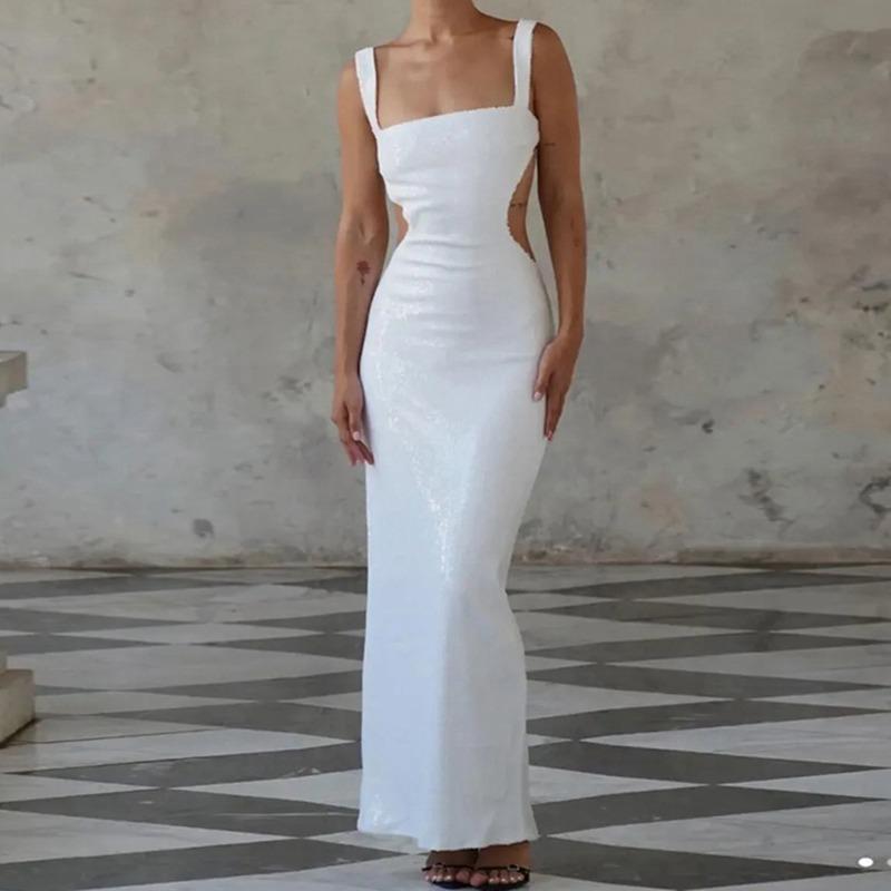 Sexy Sequins Backless Slip Maxi Dress Women Sleeveless Bodycon Hip Package Dresses Summer Party Evening Robe