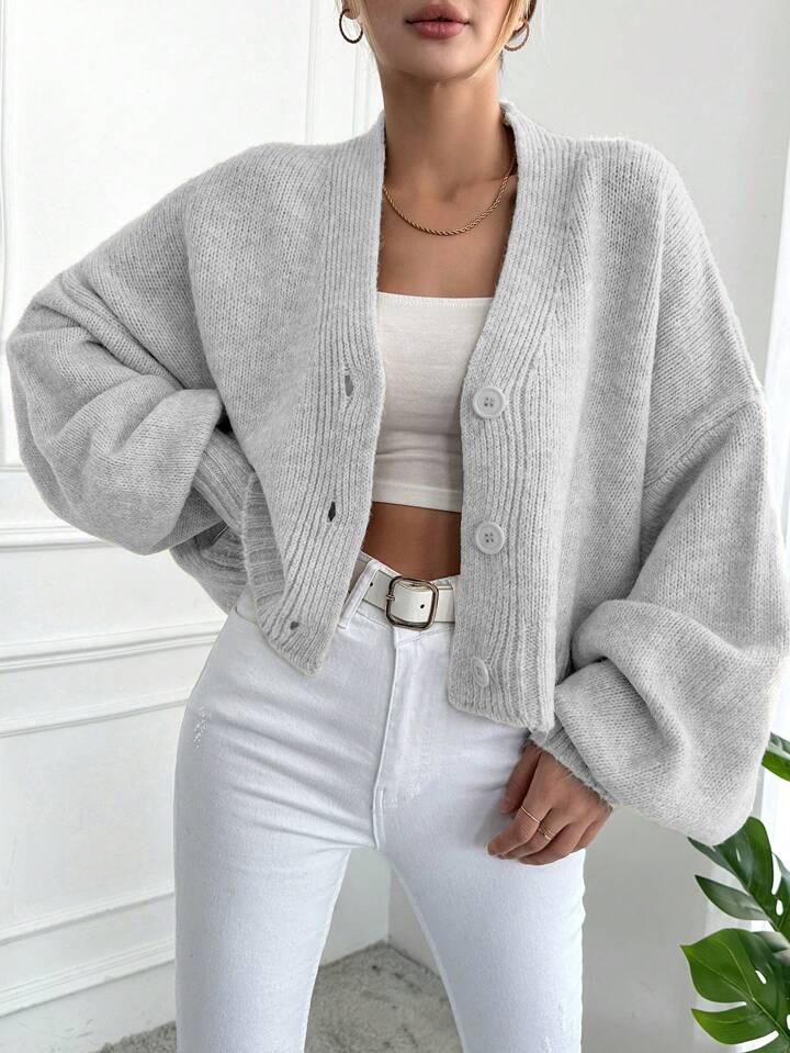 Knitted Cardigan Women's Loose V-neck Lantern Sleeve Sweater