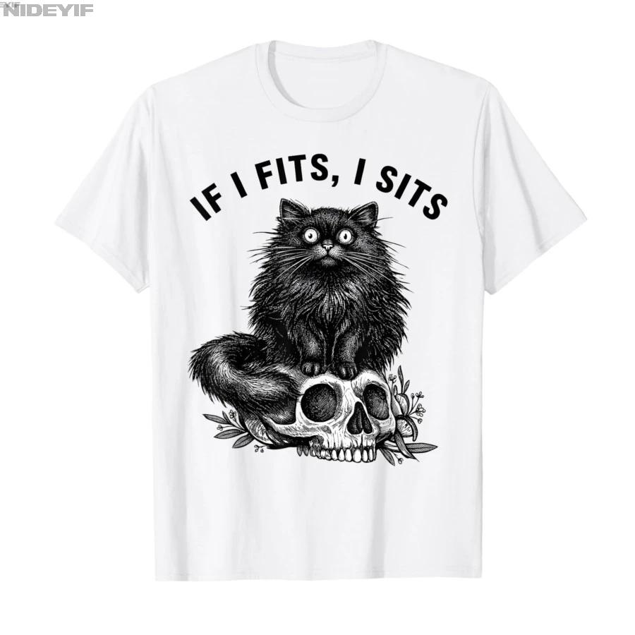 If I Fits I Sits Black Cat Skull Gothic Dark Humor Tshirt For Men Women 100 Cotton T Shirts Short Sleeve Tops 04201