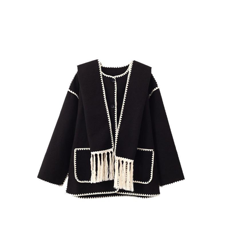 2023 Autumn/Winter Women's Wool Coat with Scarf & Tassels - European & American Style, Thick & Loose.