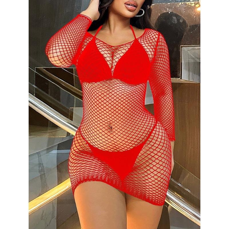 Sex Underwear Mesh Sexy Fishnet onesie Pajamas Long Sleeve Hip Wrap Skirt Back Tights