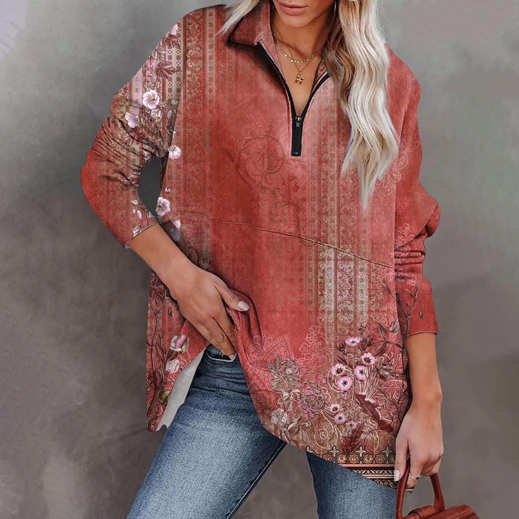 Damen Lässiges Übergroßes Sportshirt mit Halbreißverschluss Langärmlig Bedruckt mit Tasche Pullover-Top