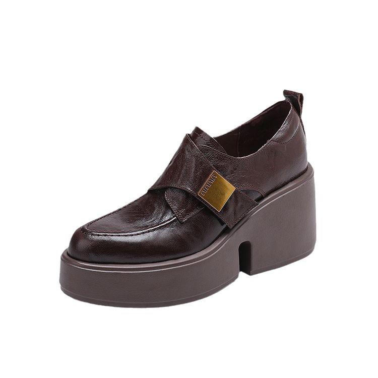 British style platform sheepskin high-heeled single shoes women's 2025 spring new muffin bottom wedge heel leather deep-mouth loafers