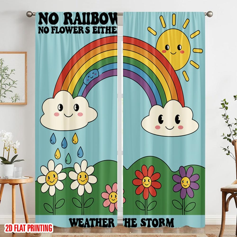 2pcs 2D flat printing Window Drapes Vintage Rainbow Flowers Polyester Without Electricity Festive Holiday Use for All Occasions