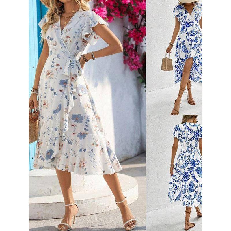 

Cross-Border Foreign Trade European and American Women s Clothing 2025 Amazon Independent Station Summer Print Ruffled Short Sleeves Shoelace Dress White S