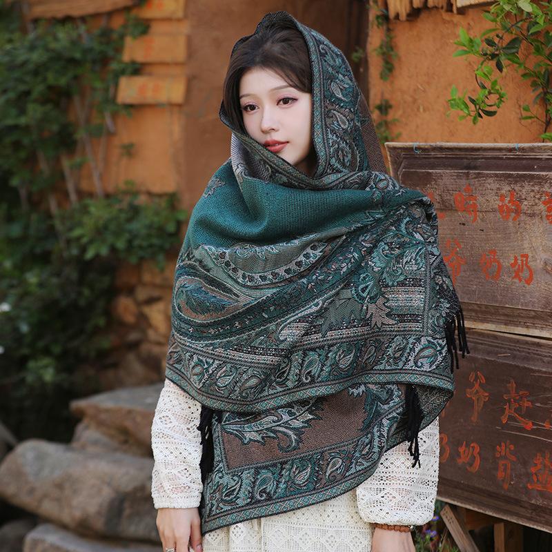 The photo is so beautiful~ Red travel scarf Qinghai Xizang desert ethnic style imitation cashmere thermal shawl women's cape